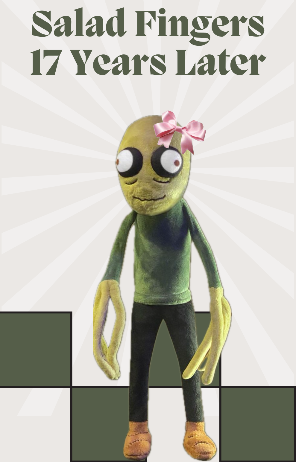 A Salad Fingers plushie wearing a bow on the cover of "Salad Fingers: 17 Years Later"